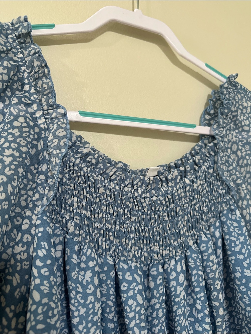 L Love Blue Printed Smocked-Neck Flutter Sleeve Blouse - Picture 6 of 7